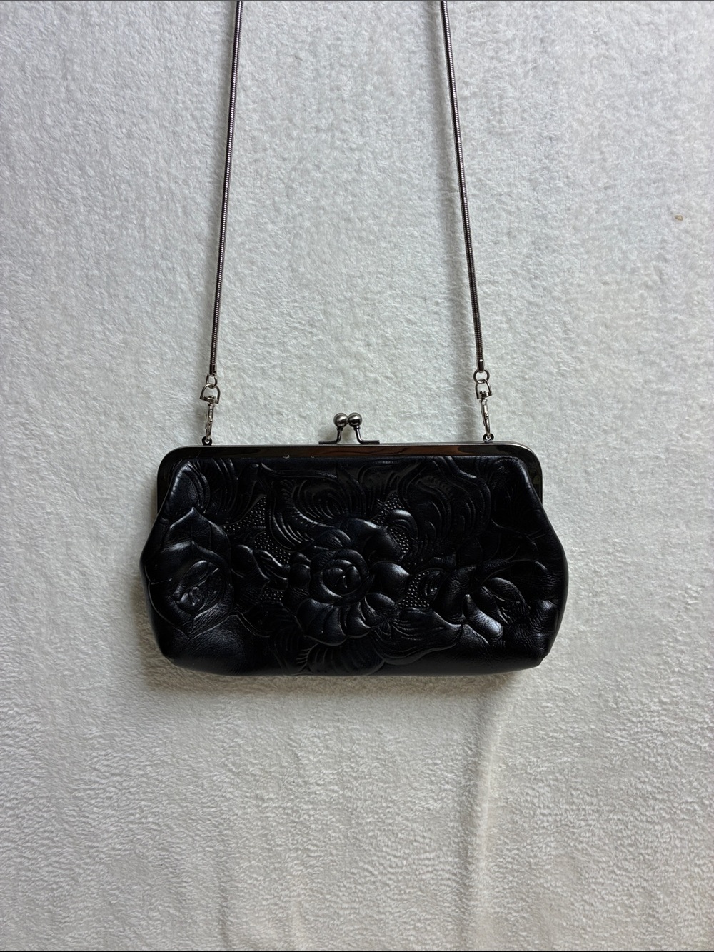 Patricia Nash Black Floral Embossed Leather Kiss-Lock Clutch